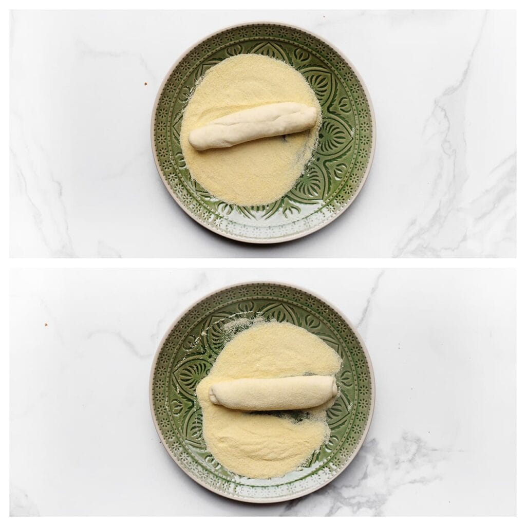 Rol de staaf lichtjes door de fijne griesmeel.