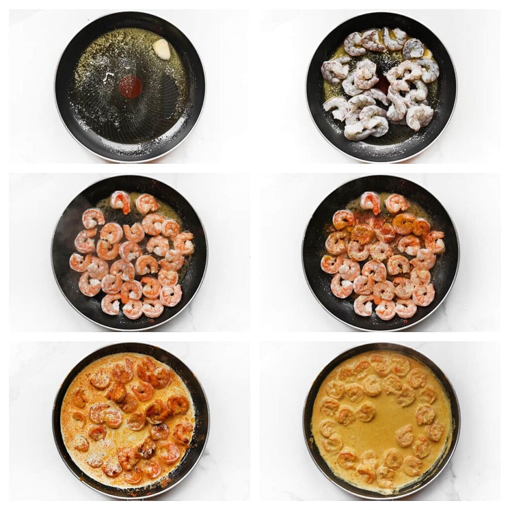 Verhit de roomboter en olijfolie in een koekenpan op middelhoog vuur. Voeg de garnalen toe en bak ze 2-3 minuten tot ze lichtroze kleuren. Voeg zout, cayennepeper, uienpoeder, knoflookpoeder, currypoeder en zwarte peper toe. Meng goed. Schenk de slagroom erbij en laat de saus 5-6 minuten zachtjes koken tot deze is ingedikt.