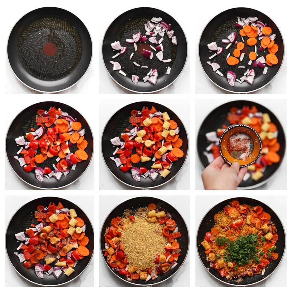 Verhit 40 ml olijfolie in een grote pan op middelhoog vuur. Voeg de gesneden rode ui, wortel, paprika, babyma&iuml;s, zout, cayennepeper, korianderpoeder, bulgur en de fijngehakte peterselie toe. Meng alles goed. 