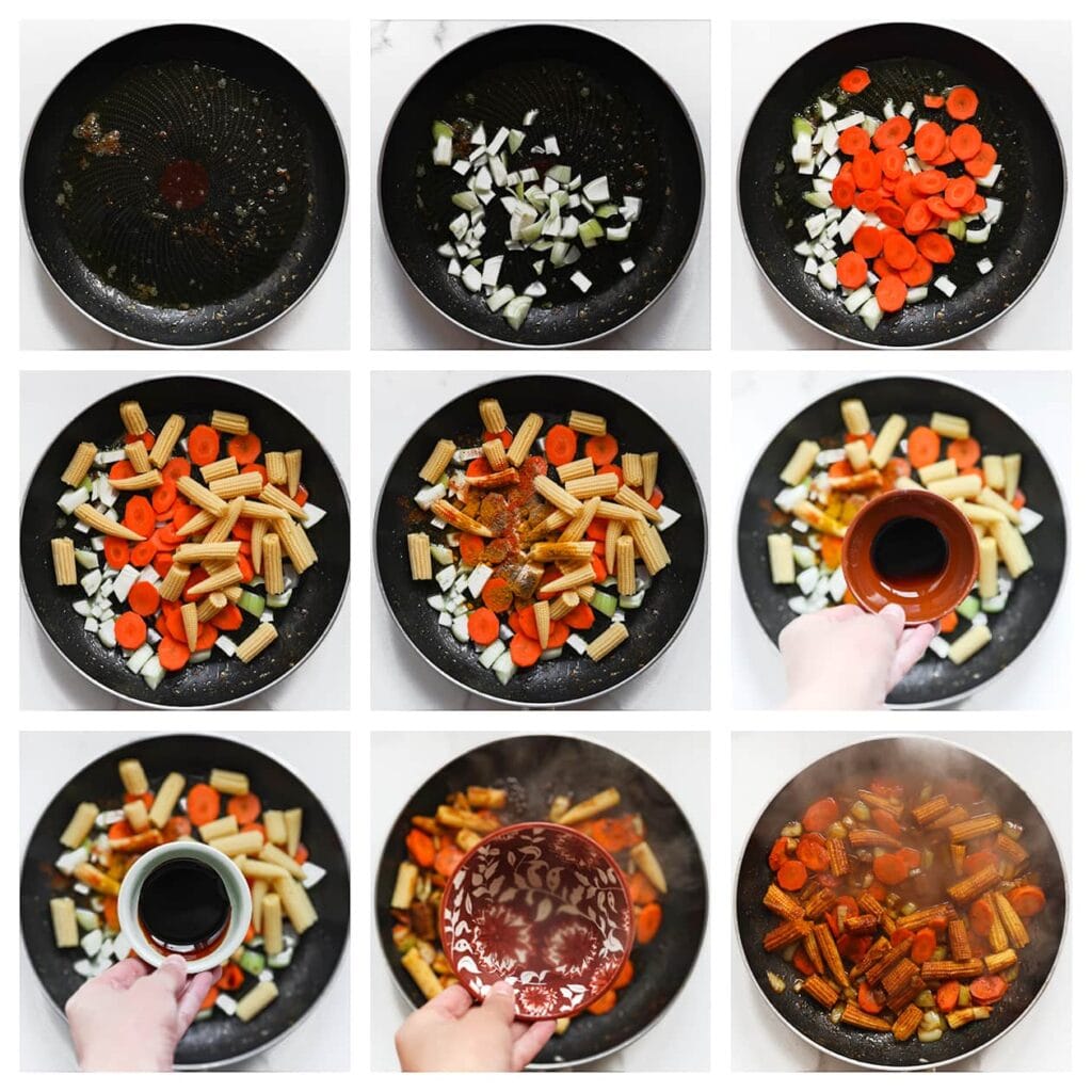 Gebruik dezelfde pan. Verhit 25 ml zonnebloemolie en voeg de fijngesneden gele ui, plakjes wortel en stukjes babyma&iuml;s toe. Voeg daarna currypoeder, cayennepeper, zwarte peper en uienpoeder toe. Meng alles goed en bak 2-3 minuten. Voeg de sojasaus, oestersaus, ketjap manis en het apart gehouden noedelwater toe. Roer alles door elkaar en laat 5 minuten sudderen.