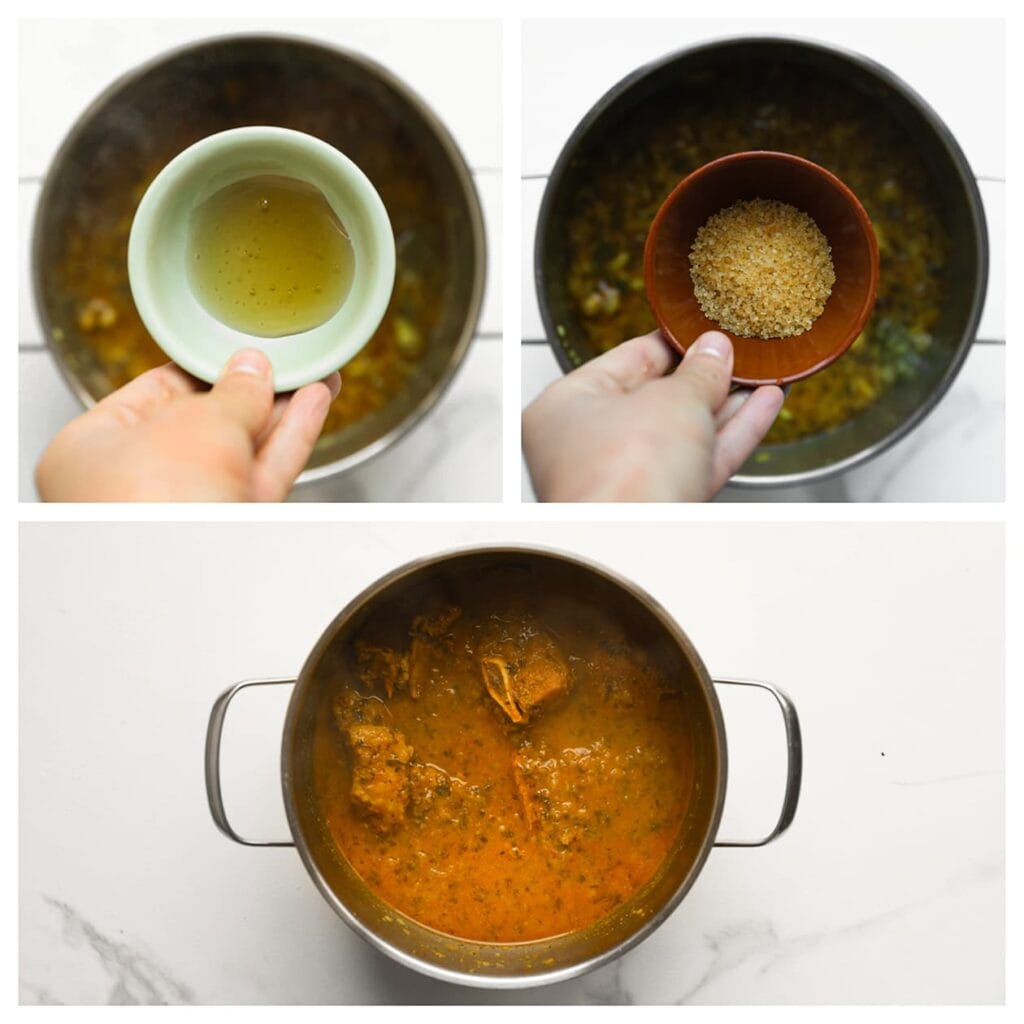 Voeg de honing en bruine suiker toe. Meng goed en laat nog 30 minuten op laag vuur koken zonder deksel, zodat de saus kan indikken.