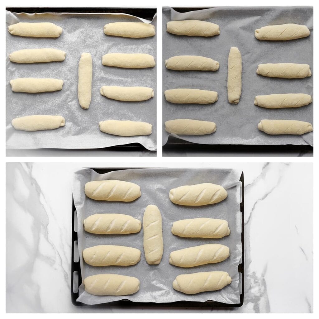 Leg de opgerolde deegstaven op een bakplaat met bakpapier. Maak met een scherp mes inkepingen in elk broodje. Laat de broodjes 30 minuten rijzen of totdat ze in volume zijn verdubbeld.