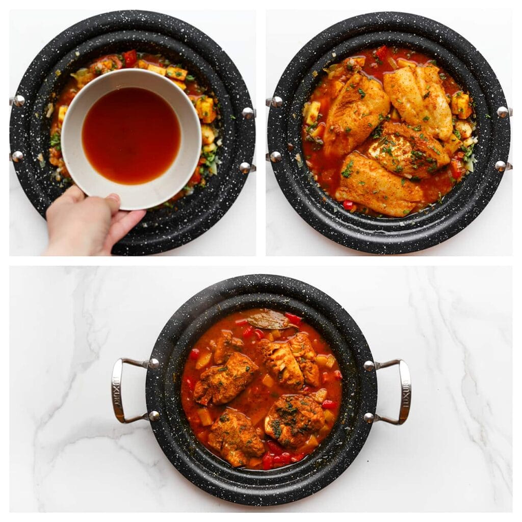 Giet het tomatenmengsel over de groenten in de pan. Verdeel de gemarineerde kabeljauw over de groenten. Zet het vuur hoog tot het geheel begint te borrelen. Verlaag het vuur, dek de pan af en laat 30 minuten zachtjes koken. Controleer tussendoor de saus.