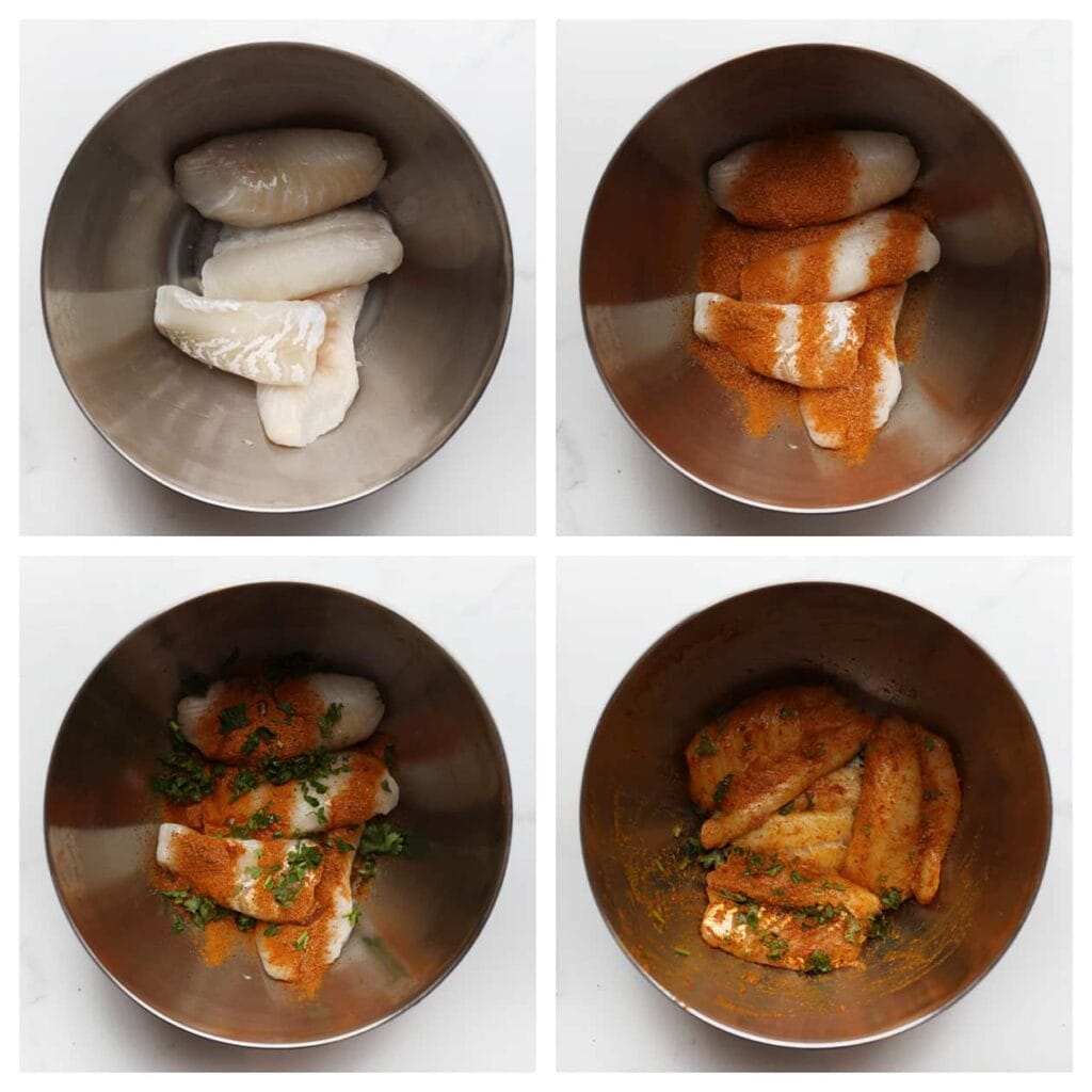 Doe de kabeljauw, 7 gram van het kruidenmengsel, gehakte peterselie en 15 ml olijfolie in een kom. Meng goed door elkaar en zet apart.