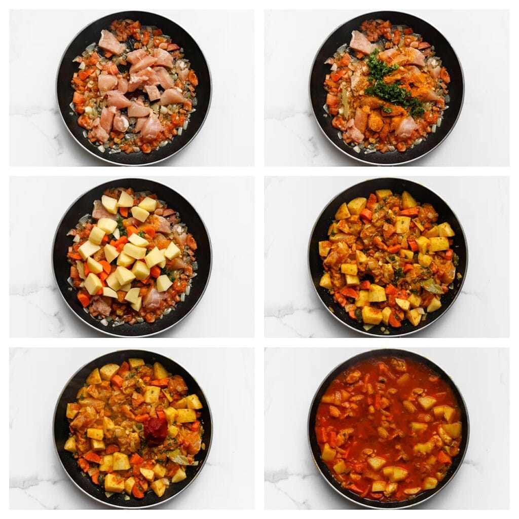 Doe de stukken kippendij in de pan, samen met de ras el hanout, kurkuma, knoflookpoeder, cayennepeper, zwarte peper,  gehakte peterselie, de in blokjes gesneden aardappelen en wortelen toe. Roerbak alles 1-2 minuten om de smaken goed te mengen. Voeg de tomatenpuree en het water toe. Zet het vuur hoog tot het water begint te pruttelen. Zet daarna het vuur laag en laat het geheel 15-20 minuten sudderen met een deksel op de pan. Roer af en toe door.