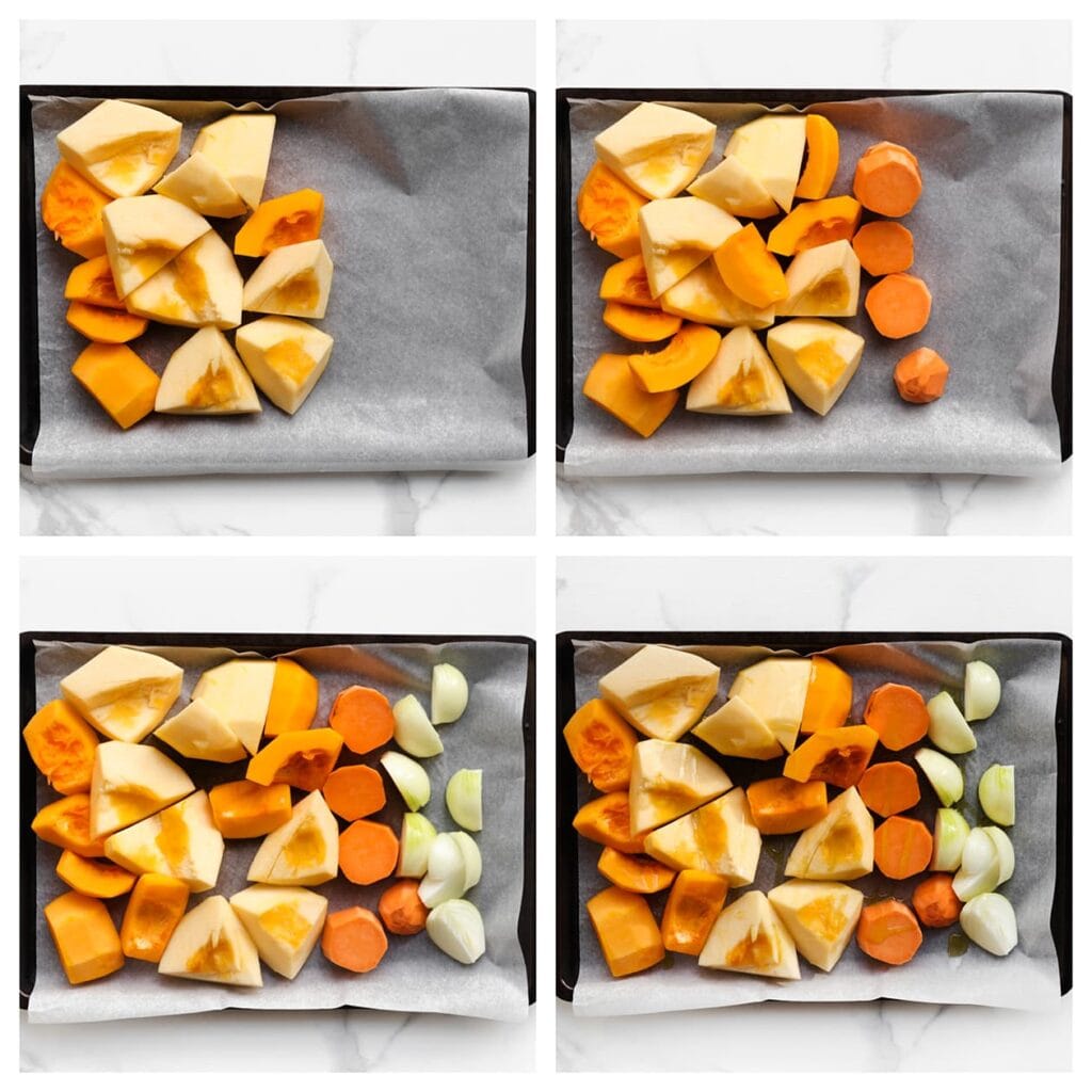 Verwarm de oven voor op 200 &deg;C. Schil de flespompoen en zoete aardappel en snijd deze in stukken. Pel de ui en snijd deze in grove stukken. Verdeel de pompoen, zoete aardappel en ui over een bakplaat bekleed met bakpapier. Besprenkel de groenten met olijfolie.