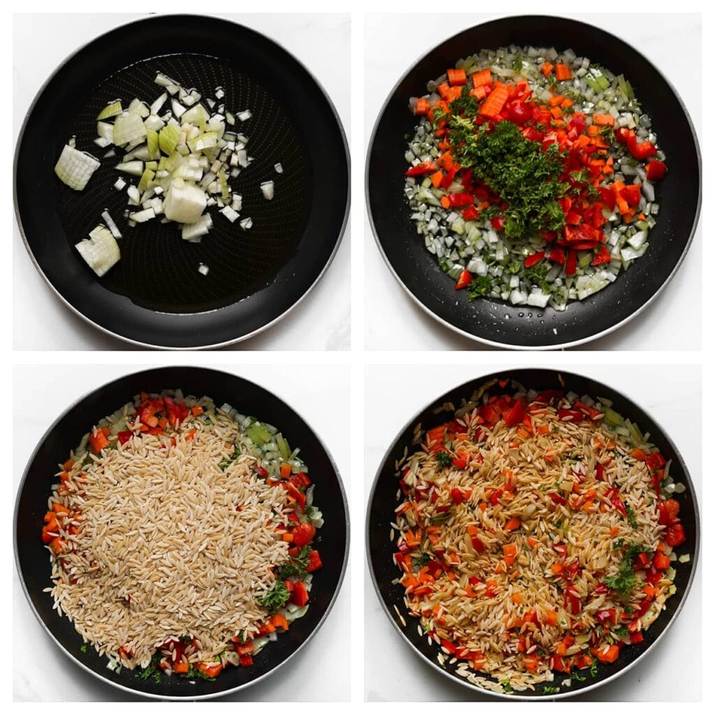 Verhit 45 ml olijfolie in een diepe pan op middelhoog vuur. Voeg de fijngesnipperde ui toe en bak deze 2-3 minuten tot ze zacht is. Voeg de fijngesneden wortel, rode paprika, gehakte peterselie en de orzo toe. Bak alles 1 minuut al roerend.