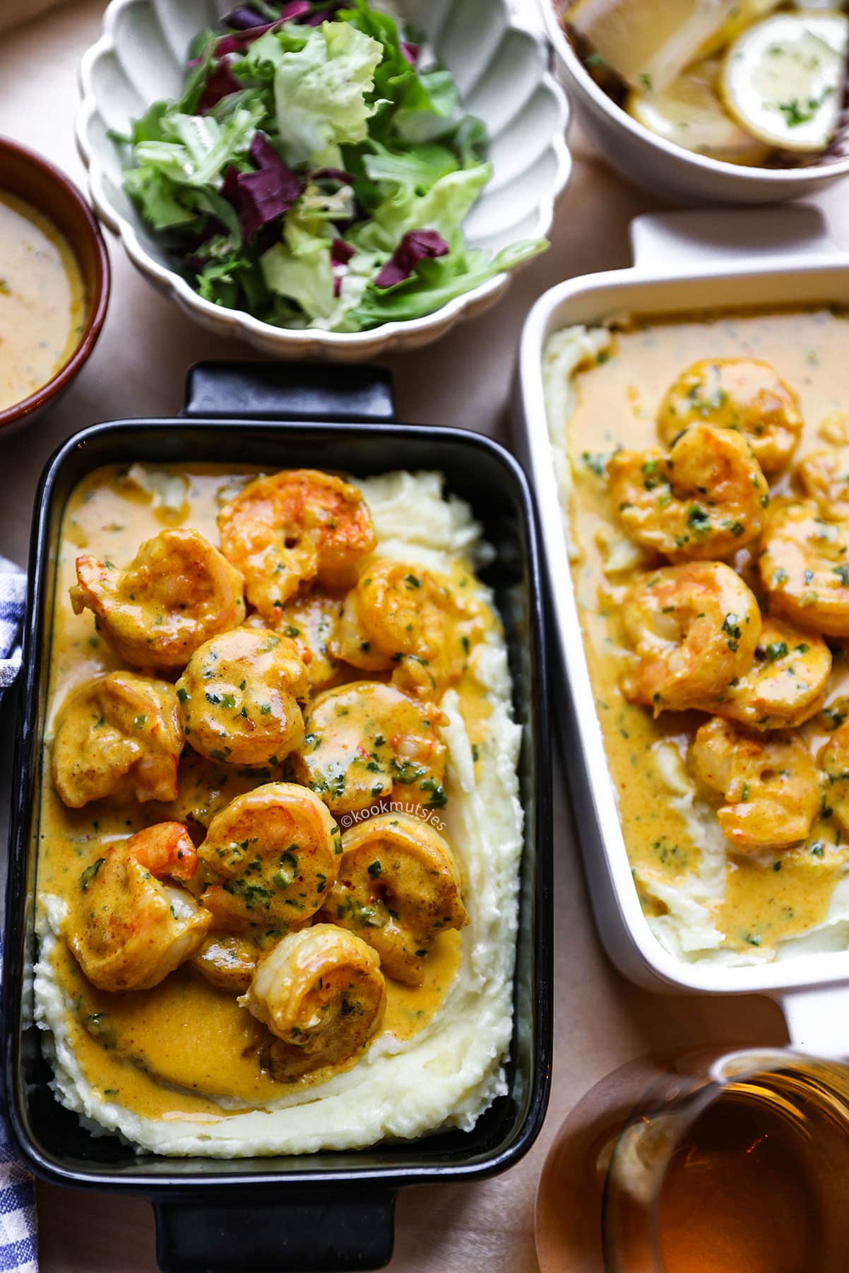 Romige Aardappelpuree met Garnalen in saus eindresultaat Kookmutsjes