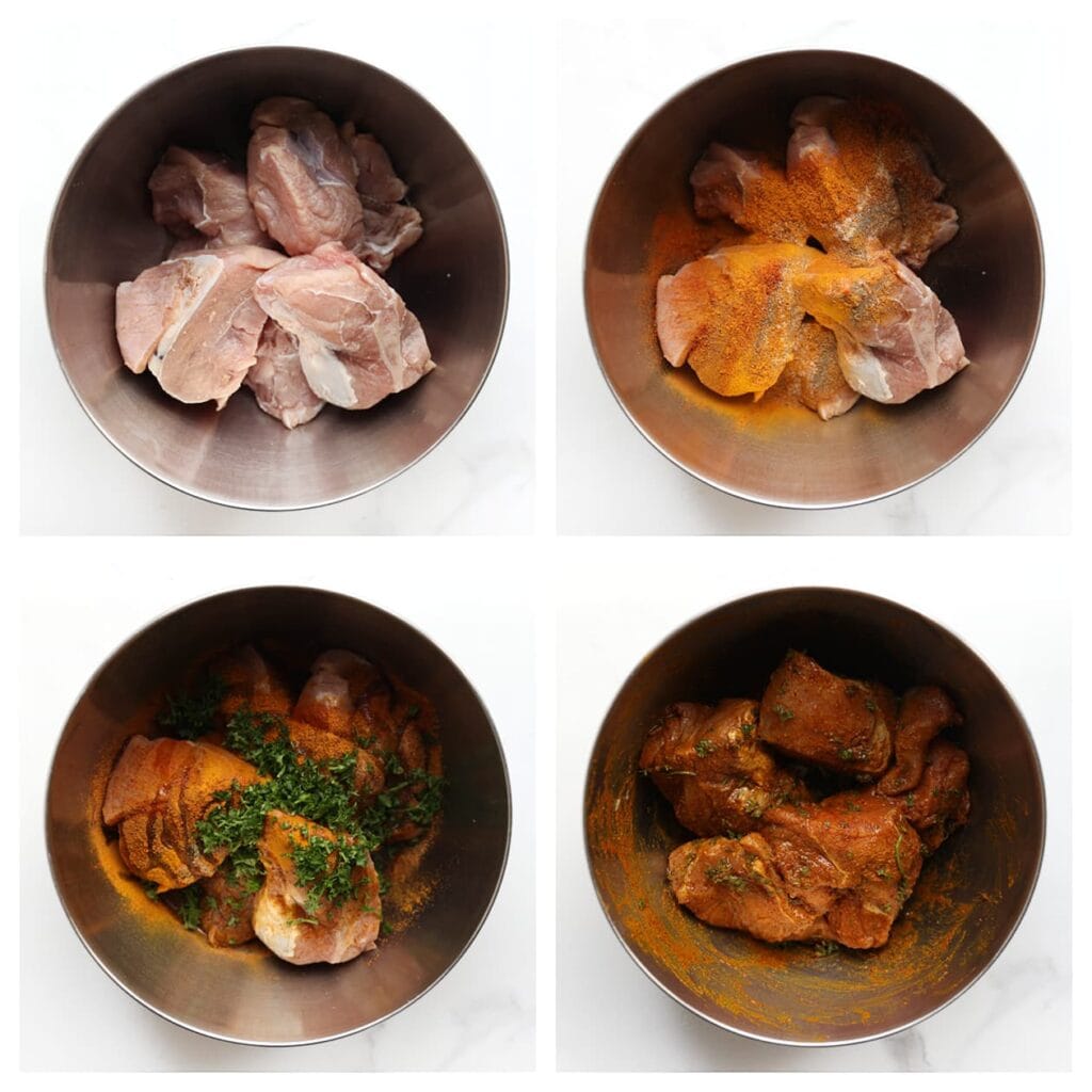 Doe het lamsvlees, zout, kurkuma, ras el hanout, kaneel, cayennepeper, korianderpoeder, gehakte peterselie en olijfolie in een grote kom. Meng goed.