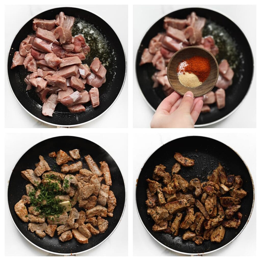 Verhit de roomboter in een koekenpan op middelhoog vuur. Voeg de biefstuk toe en bestrooi met cayennepeper, knoflookpoeder en zout. Bak rondom bruin. Voeg de fijngehakte peterselie toe en bak tot het gaar is.