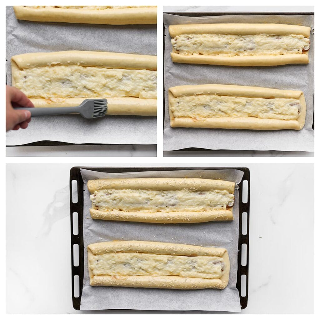 Bestrijk de zijkanten van het deeg met een geklutst ei en strooi er sesamzaad over. Laat het deeg 30 minuten rijzen op een warme plek, of totdat het in omvang is verdubbeld.