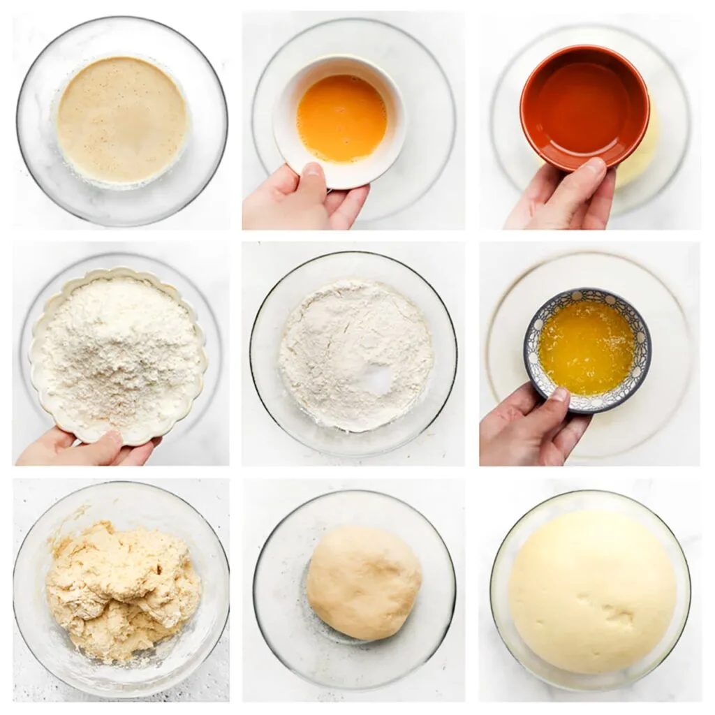 Voeg het geklutste ei en de zonnebloemolie toe, en meng goed. Voeg de bloem, het zout en de roomboter toe. Kneed 10-12 minuten tot een samenhangend deeg. Dek het deeg af en laat 1 uur rijzen op een warme plek, of totdat het in omvang is verdubbeld.