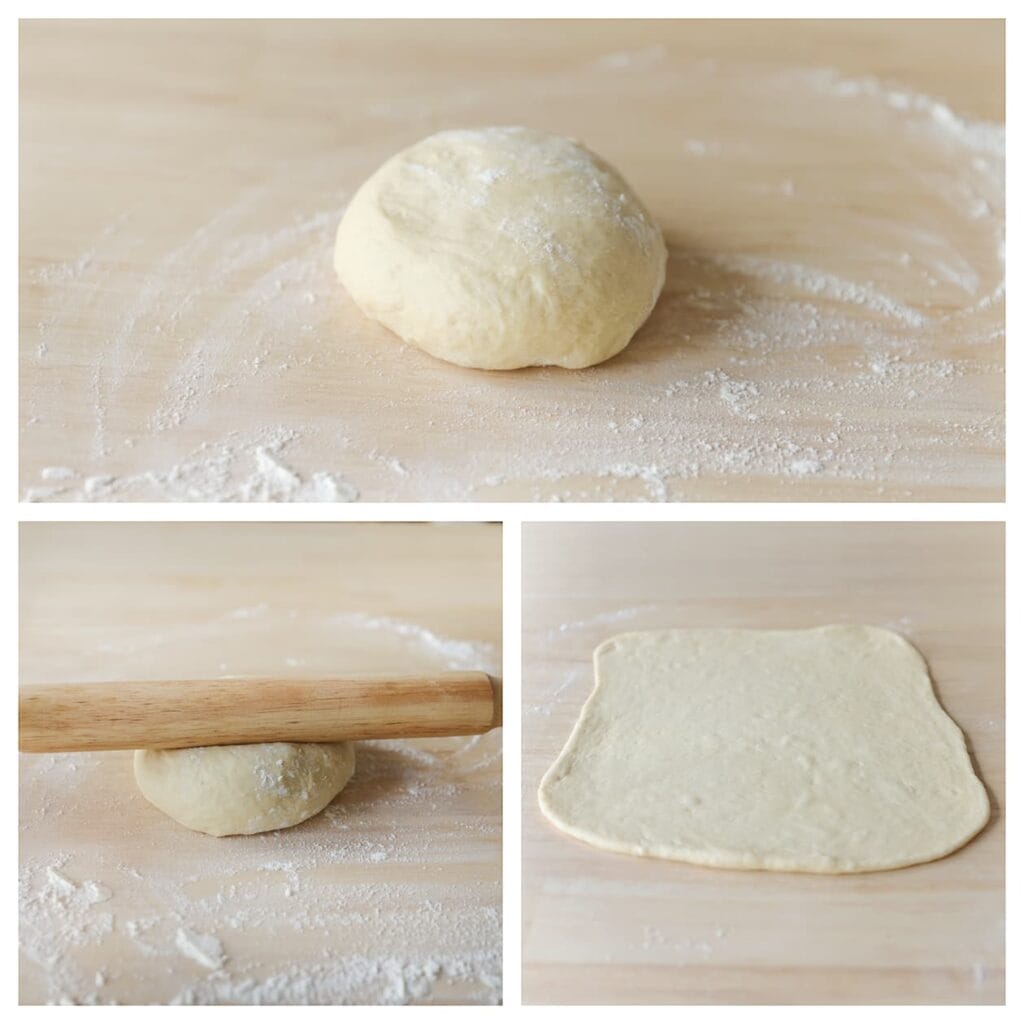 Bestuif een werkplek met bloem en rol elk deel uit tot een rechthoekige lap van ongeveer 39x36 cm.