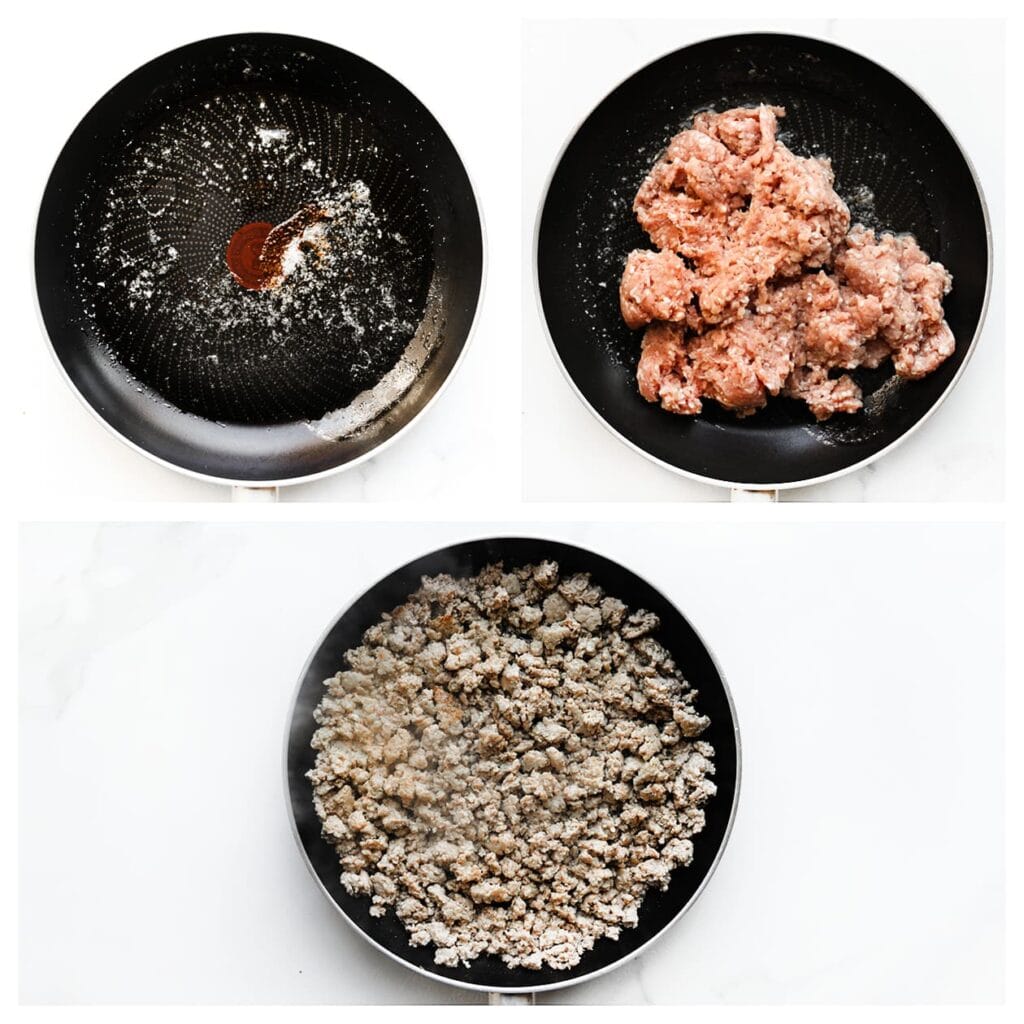 Verhit de roomboter in een grote koekenpan op middelhoog vuur. Voeg het gehakt toe en bak dit 5-6 minuten rul.