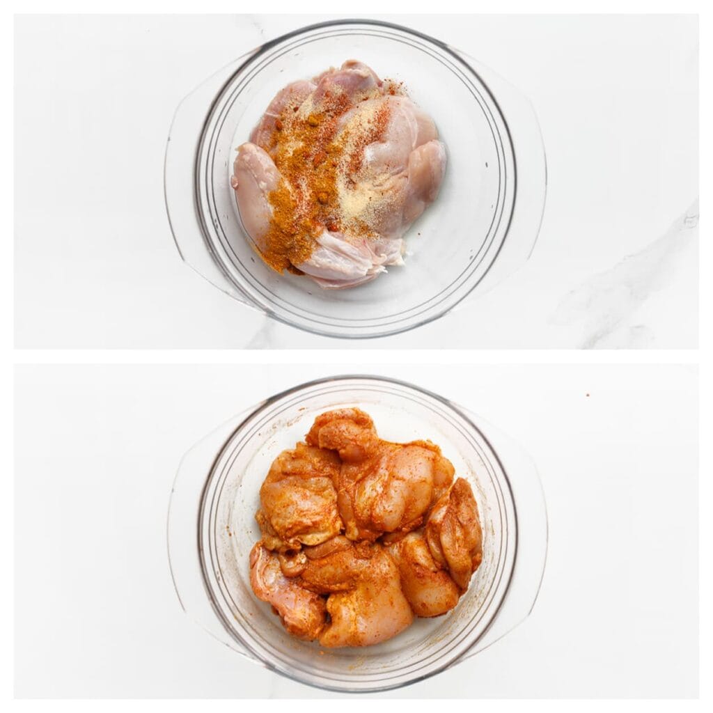 Doe de kippendijen in een diepe kom. Voeg ras el hanout, knoflookpoeder, zout, uienpoeder en cayennepeper toe. Meng alles goed door elkaar, zodat de kip volledig gekruid is.