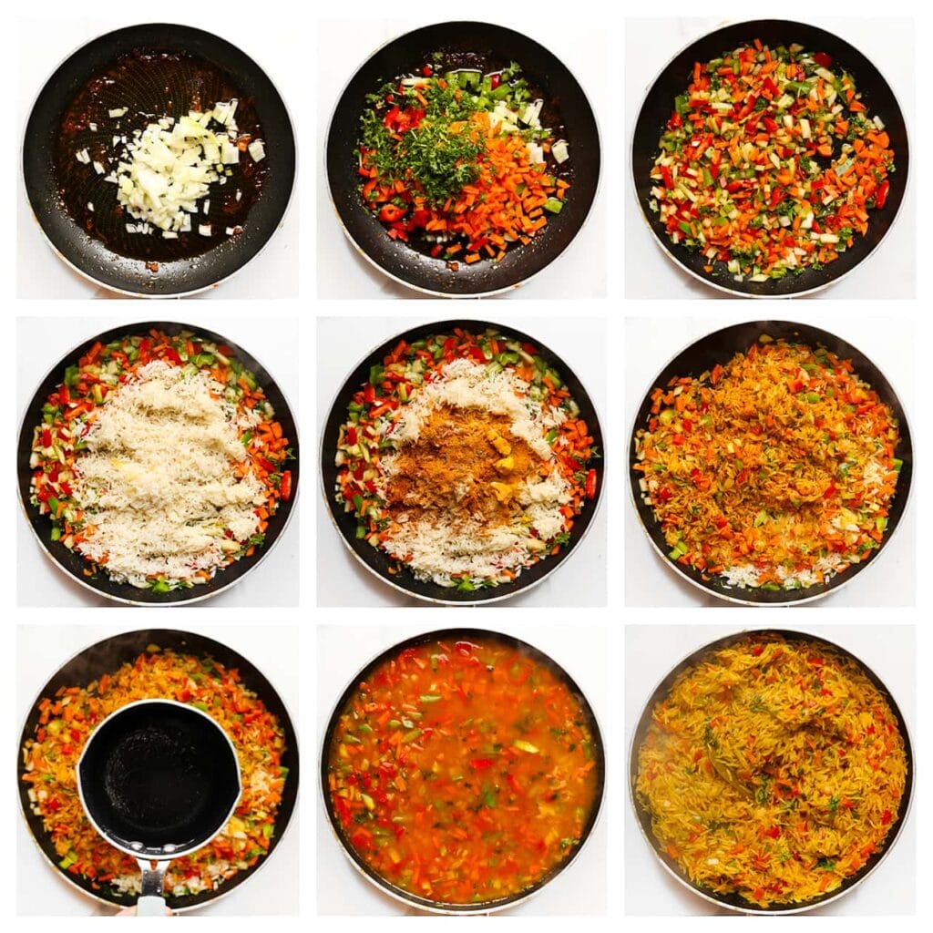 Verhit dezelfde koekenpan met 15 ml olijfolie opnieuw op middelhoog vuur. Doe de gesnipperde gele ui, fijngehakte rode en groene paprika, wortelblokjes en gehakte peterselie in de pan. Bak 3-4 minuten tot de groenten iets zachter zijn. Voeg de basmatirijst toe, samen met kurkuma, ras el hanout, korianderpoeder, knoflookpoeder en cayennepeper. Verkruimel het kippenbouillonblokje boven de rijst en meng alles goed. Giet het gekookte water erbij en roer door. Zet het vuur hoog tot het begint te koken. Zodra het kookt, zet je het vuur laag. Dek de pan af en laat het 10-15 minuten zachtjes koken, of tot de rijst al het water heeft opgenomen.