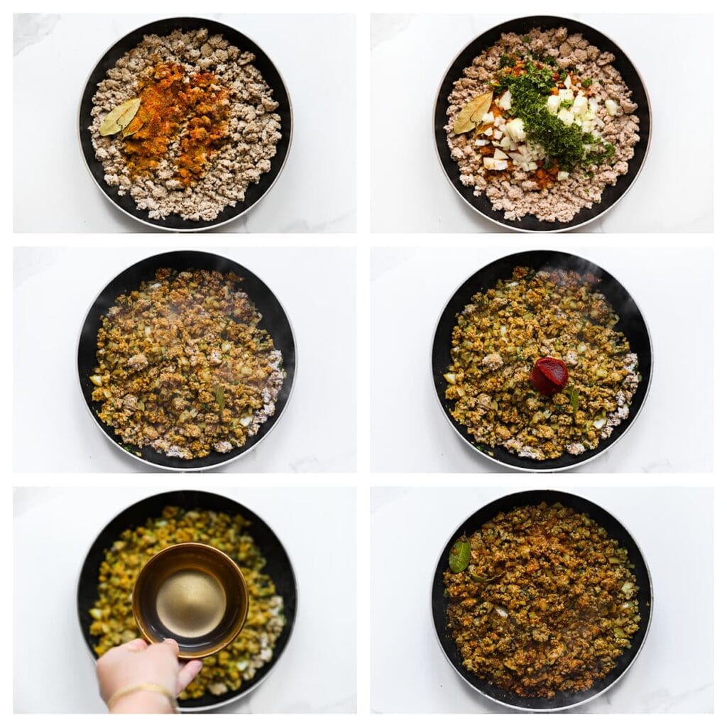 Voeg zout, currypoeder, cayennepeper, komijnpoeder, korianderpoeder, kaneelpoeder, knoflookpoeder, kurkuma en laurierblaadjes toe. Meng goed. Voeg de gesnipperde gele ui en gehakte peterselie toe en bak kort mee. Voeg de tomatenpuree en het water toe en laat dit 2-3 minuten zachtjes koken.