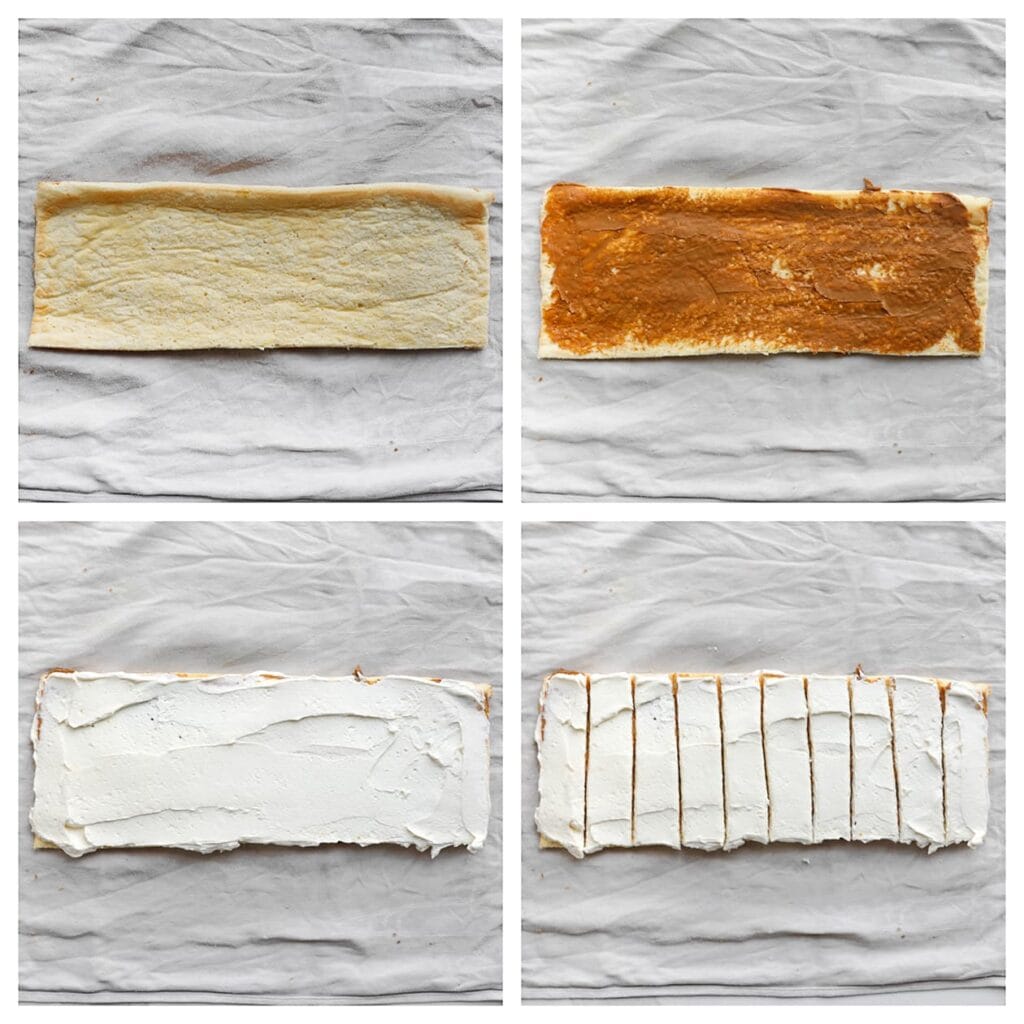 Rol de afgekoelde biscuit uit en besmeer met een dunne laag speculoospasta. Verdeel vervolgens een laag room erover. Snijd de biscuit in reepjes van ongeveer 3 cm breed.