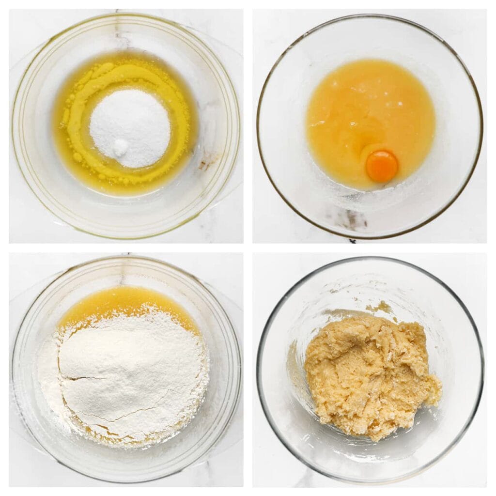 Doe de gesmolten roomboter in een diepe kom en voeg de witte basterdsuiker en vanillesuiker toe. Mix tot een egaal mengsel. Voeg de eieren &eacute;&eacute;n voor &eacute;&eacute;n toe en spatel tot een glad geheel. Voeg de geraspte kokos toe en meng goed. Zeef de bloem en het bakpoeder boven de kom en meng tot een glad beslag.