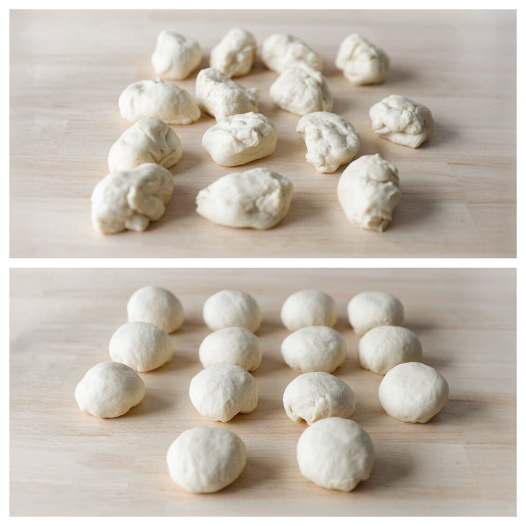 Druk de lucht uit het deeg en verdeel het in 14 gelijke stukken van ongeveer 70 gram per stuk. Vorm tot bollen.