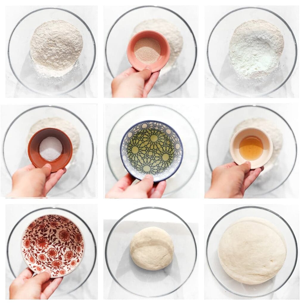 Doe de bloem en gist in een diepe kom en meng goed. Voeg het zout, de zonnebloemolie, honing en het lauwwarme water toe. Kneed 10-12 minuten tot een samenhangend deeg. Dek af en laat het 1 uur rijzen, of tot het in omvang is verdubbeld.