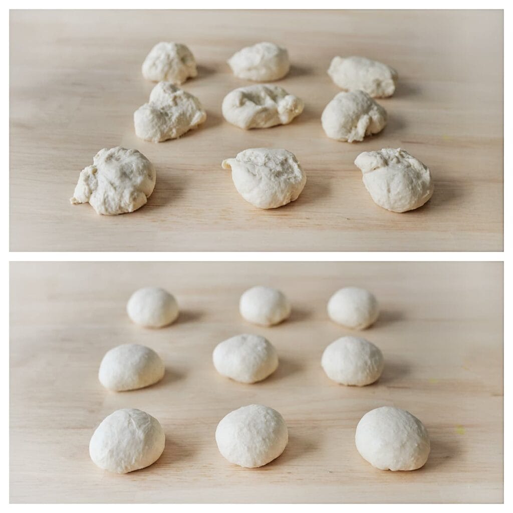 Druk de lucht uit het deeg en verdeel het in 9 gelijke stukken van ongeveer 80 gram. Vorm tot bollen.