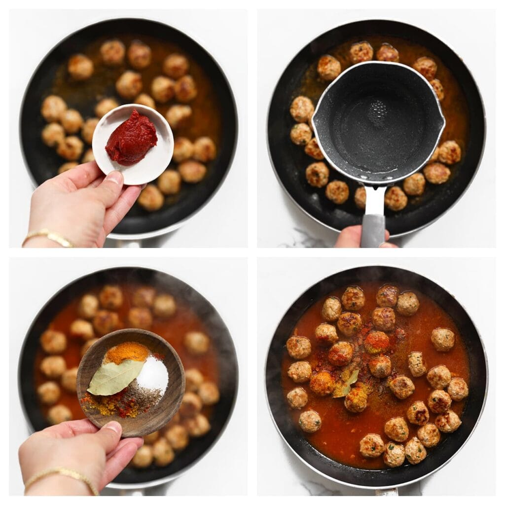 Voeg de tomatenpuree, het water, zout, de kurkuma, currypoeder, knoflookpoeder, korianderpoeder, kaneelpoeder en het laurierblaadje toe. Roer goed.