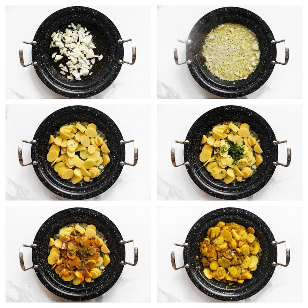 Verhit de olijfolie in een tajine of diepe pan op middelhoog vuur. Voeg de gesnipperde gele ui toe en bak deze 3-4 minuten, of totdat de ui glazig is. Doe de aardappelschijfjes, fijngehakte peterselie, kurkuma, cayennepeper en komijnpoeder in de pan. Meng alles goed door elkaar, zodat de kruiden gelijkmatig verdeeld zijn.