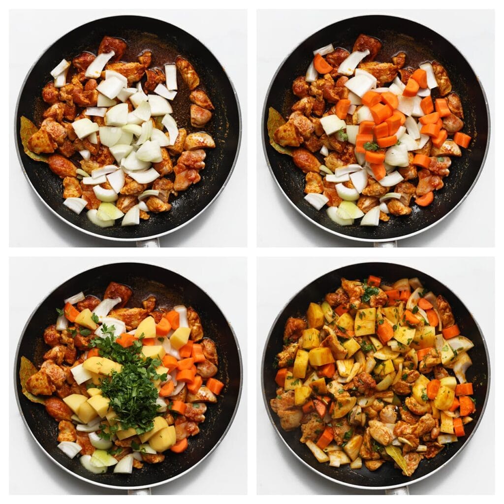 Doe de ui, wortel, aardappels en peterselie in de pan. Meng goed door en laat een minuutje meebakken.