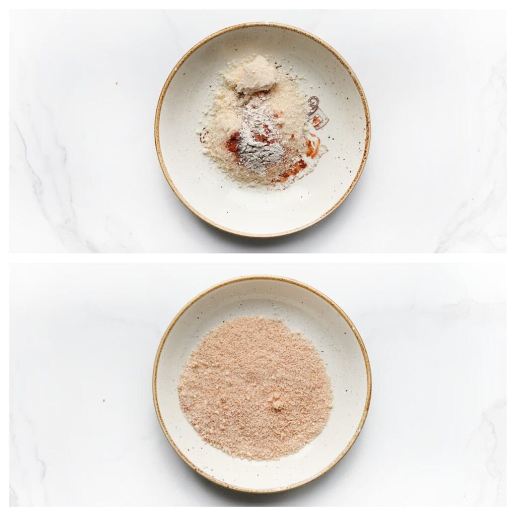 Doe de Parmezaanse kaas, cayennepeper, uienpoeder en zwarte peper in een kom. Meng goed en zet apart.