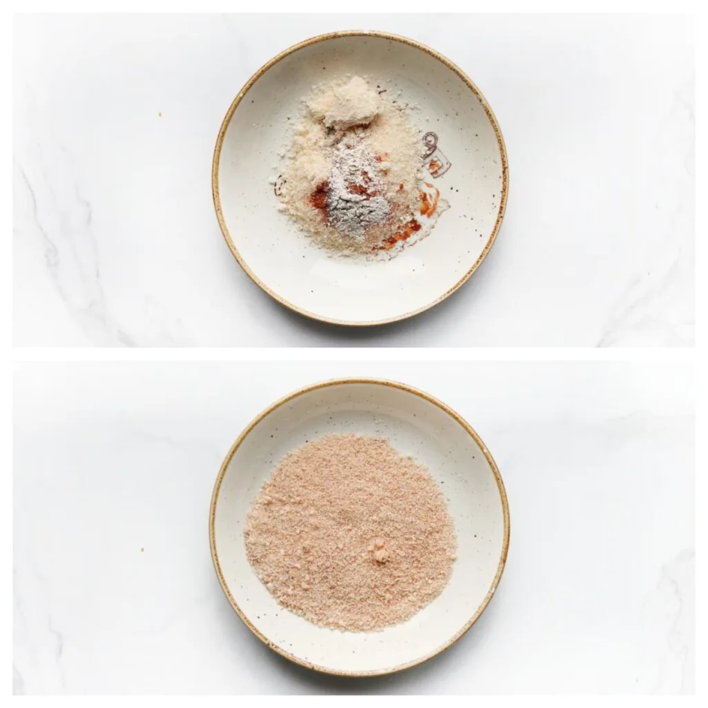 Doe de Parmezaanse kaas, cayennepeper, uienpoeder en zwarte peper in een kom. Meng goed en zet apart.