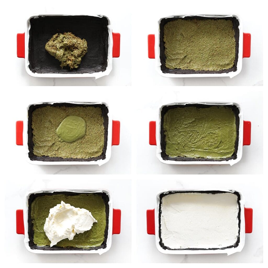 Verdeel het pistachemengsel gelijkmatig over de koekjesbodem. Giet de extra pistachepasta (50 gram) erover en strijk glad. Schep de opgeklopte slagroom erop en smeer egaal uit.