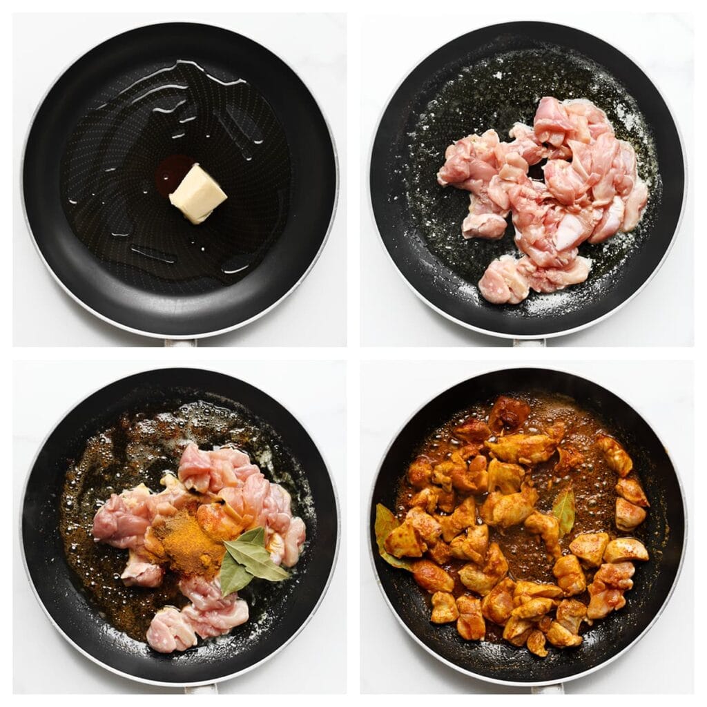 Verhit de roomboter en olijfolie in een koekenpan op middelhoog vuur. Voeg de kippendijen toe samen met de knoflookpoeder, kurkuma, korianderpoeder, kaneelpoeder, cayennepeper, het zout en de laurierblaadjes. Bak 5-6 minuten.