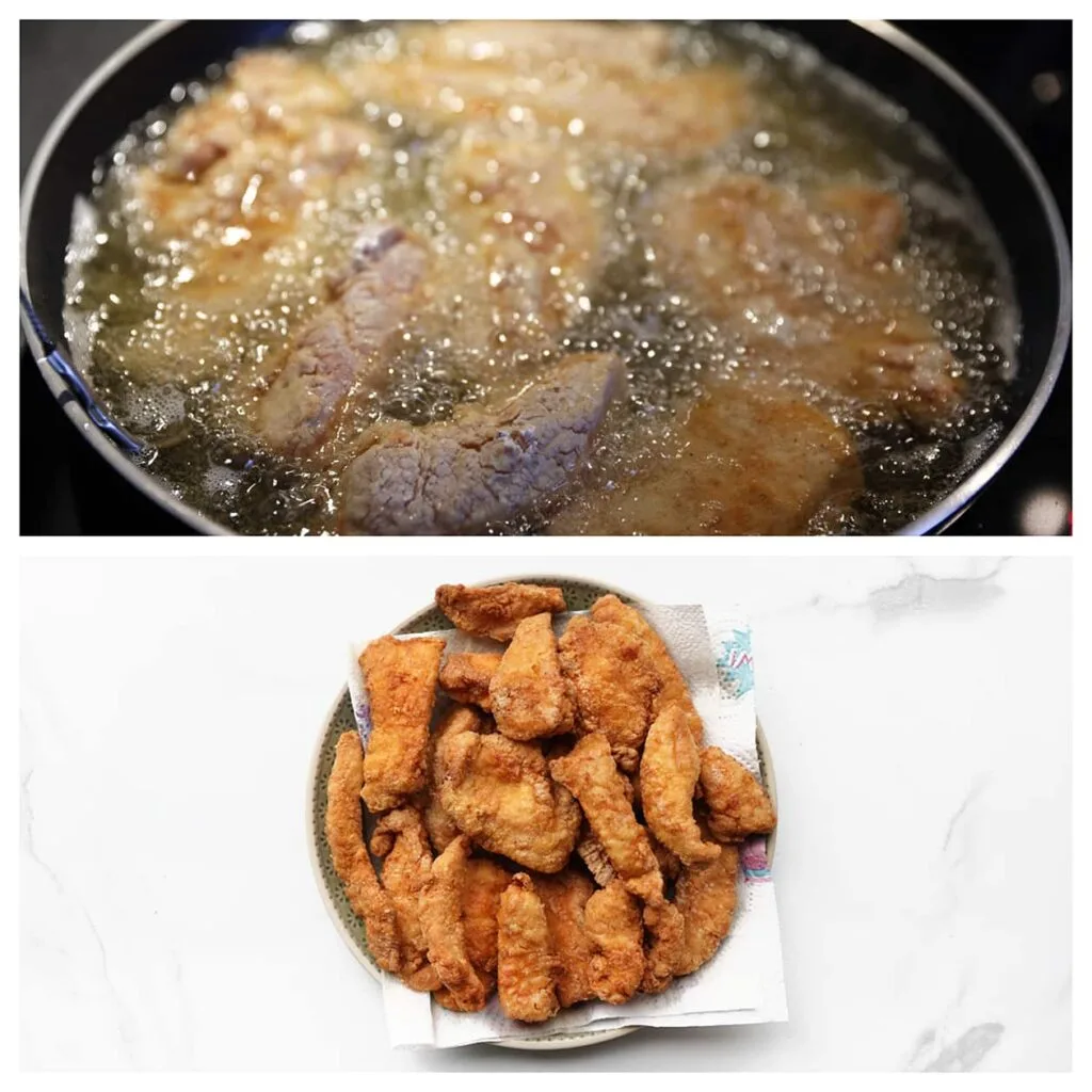 Verhit een laagje zonnebloemolie in een koekenpan op middelhoog vuur (175 ℃). Bak de kip goudbruin en laat uitlekken op keukenpapier.