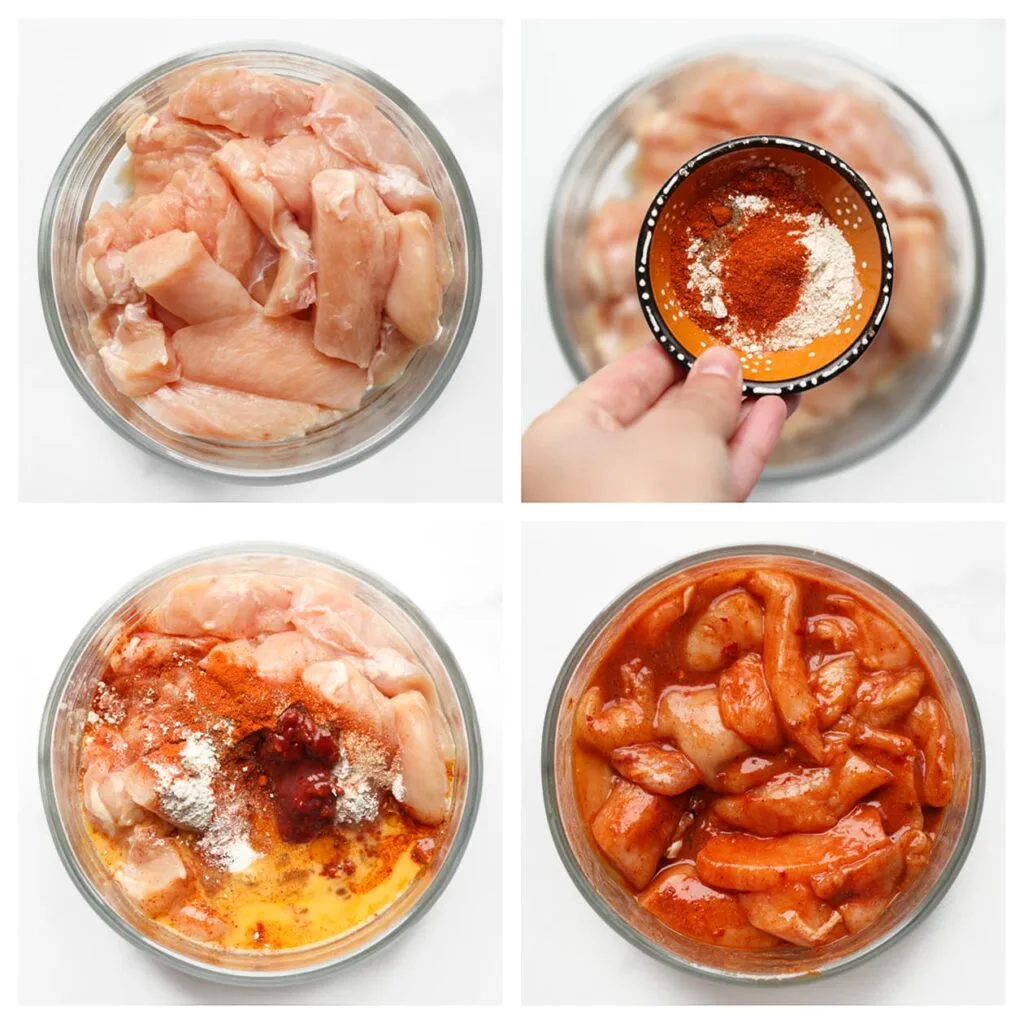 Was en snijd de kipfilet in stukken. Doe de kip in een diepe kom en voeg zout, uienpoeder, knoflookpoeder, cayennepeper, zwarte peper, sambal, sojasaus en het geklutste ei toe. Meng goed en dek af. Laat het mengsel rusten in de koelkast.