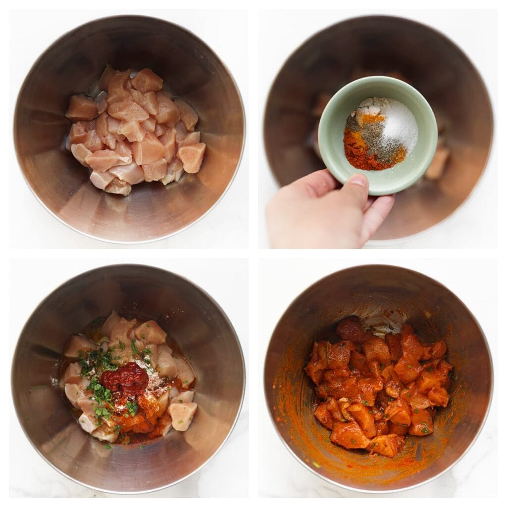 Was de kippendijen en snijd ze in blokjes. Doe de kipblokjes in een diepe kom en voeg het zout, de cayennepeper, paprikapoeder, komijnpoeder, knoflookpoeder, fijngehakte peterselie, sambal en olijfolie toe. Meng goed, zodat de kip gelijkmatig gekruid is.