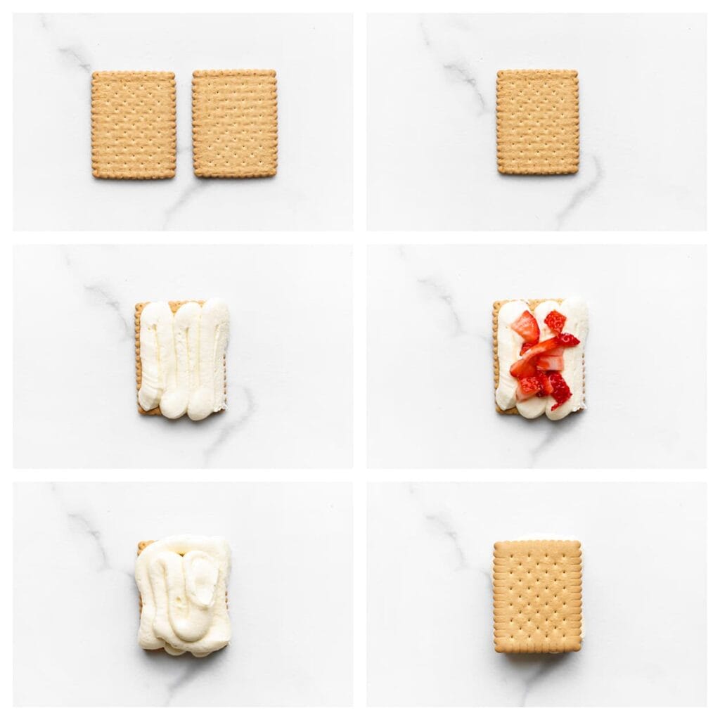 Neem een theebiscuit en spuit er een toefje room op. Verdeel er wat stukjes aardbei over en spuit er vervolgens weer een laagje room op. Leg een tweede theebiscuit erbovenop.