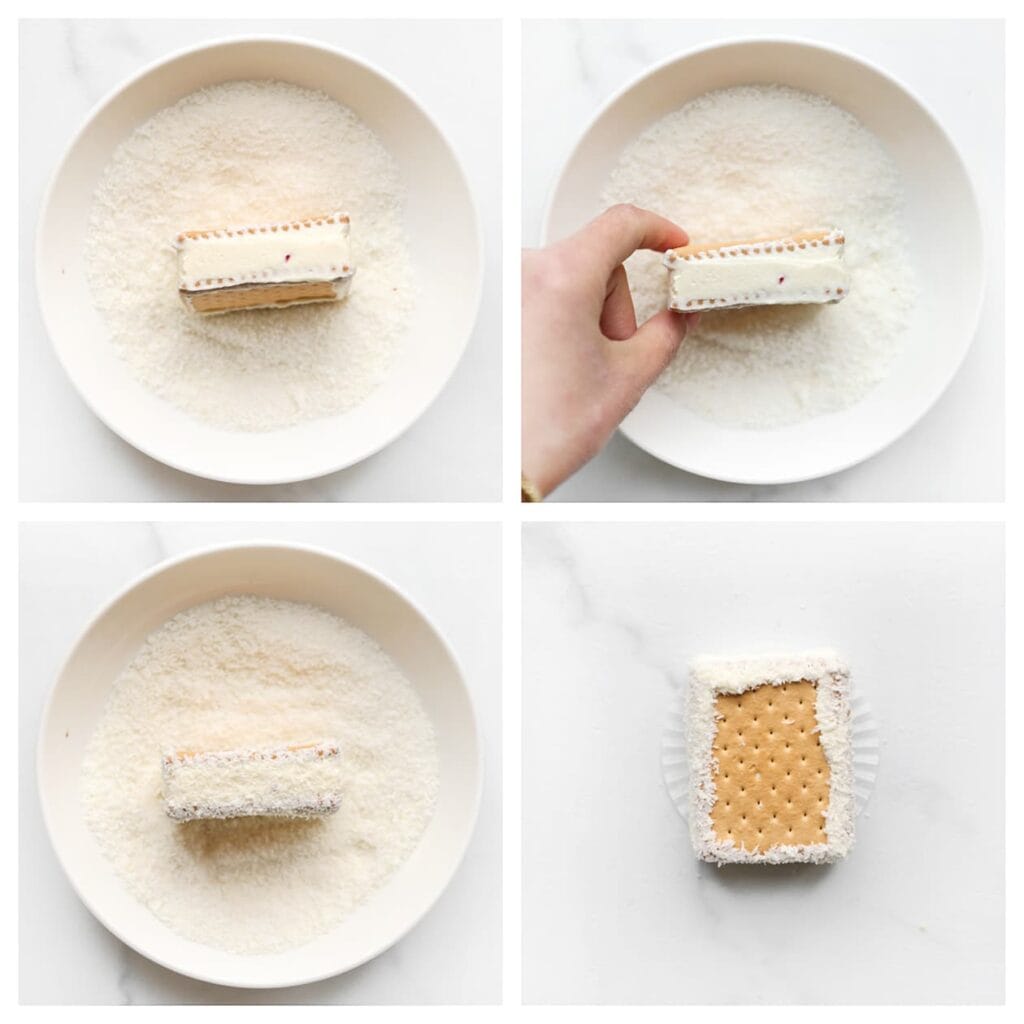 Rol de zijkanten door de geraspte kokos zodat deze mooi bedekt zijn. Leg het dessert op een papiertje.