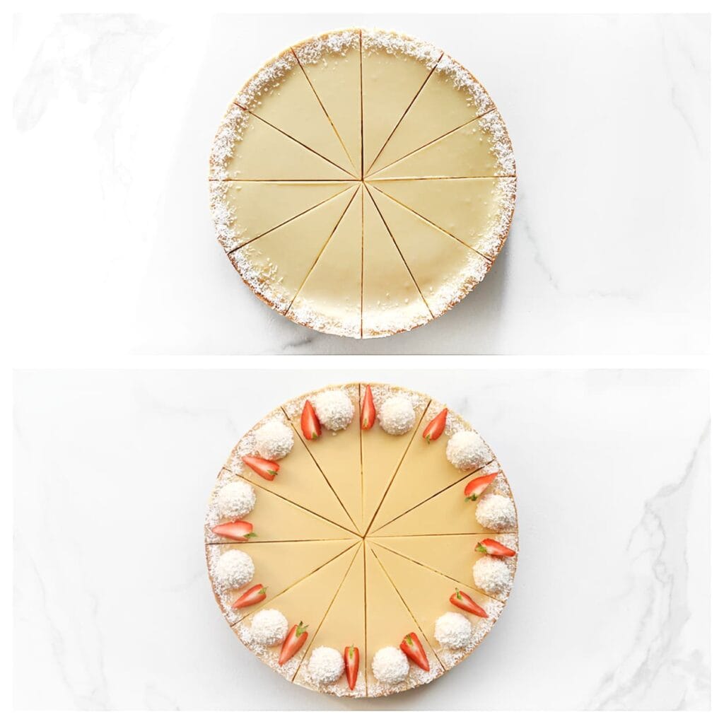 Snijd de cheesecake in mooie punten. Garneer met een halve kokosbol en verse aardbeien.