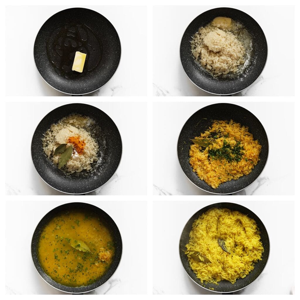 Verhit de roomboter en olijfolie in een pan op middelhoog vuur. Voeg de rijst toe en bak kort mee. Voeg de kurkuma, het zout, de laurierblaadjes en het gekookte water toe. Breng aan de kook op hoog vuur. Zodra het kookt, zet je het vuur laag en laat je de rijst 10 minuten afgedekt zachtjes koken, of tot al het water is opgenomen. Haal van het vuur en laat nog 5 minuten rusten met de deksel op de pan.