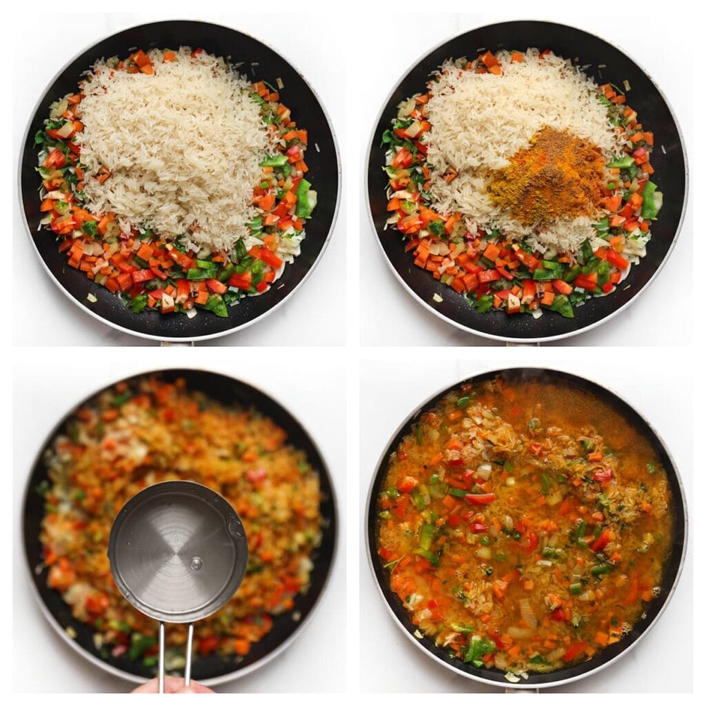 Voeg de rijst, het zout, de kurkuma, korianderpoeder, knoflookpoeder, currypoeder en cayennepeper toe. Roer goed. Voeg het hete water toe en roer opnieuw door. Breng het geheel aan de kook op hoog vuur. Zodra het kookt, zet je het vuur laag. Dek de pan af en laat de rijst 10 minuten zachtjes koken.