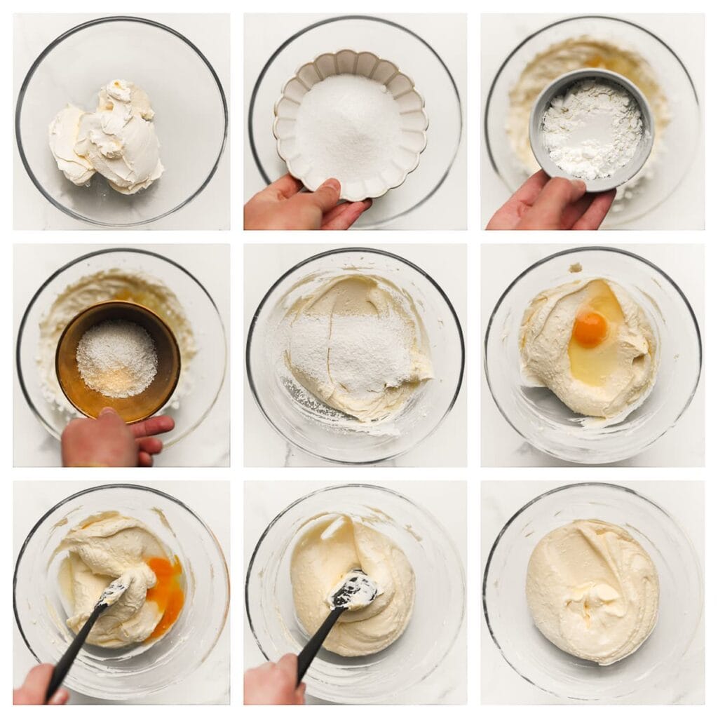 Doe de roomkaas, mascarpone, kristalsuiker, vanillesuiker en ma&iuml;zena in een diepe kom. Mix tot een glad geheel. Voeg de eieren &eacute;&eacute;n voor &eacute;&eacute;n toe en spatel voorzichtig door het mengsel. Zorg ervoor dat het beslag luchtig blijft. Voeg de geraspte kokos toe en meng kort door.