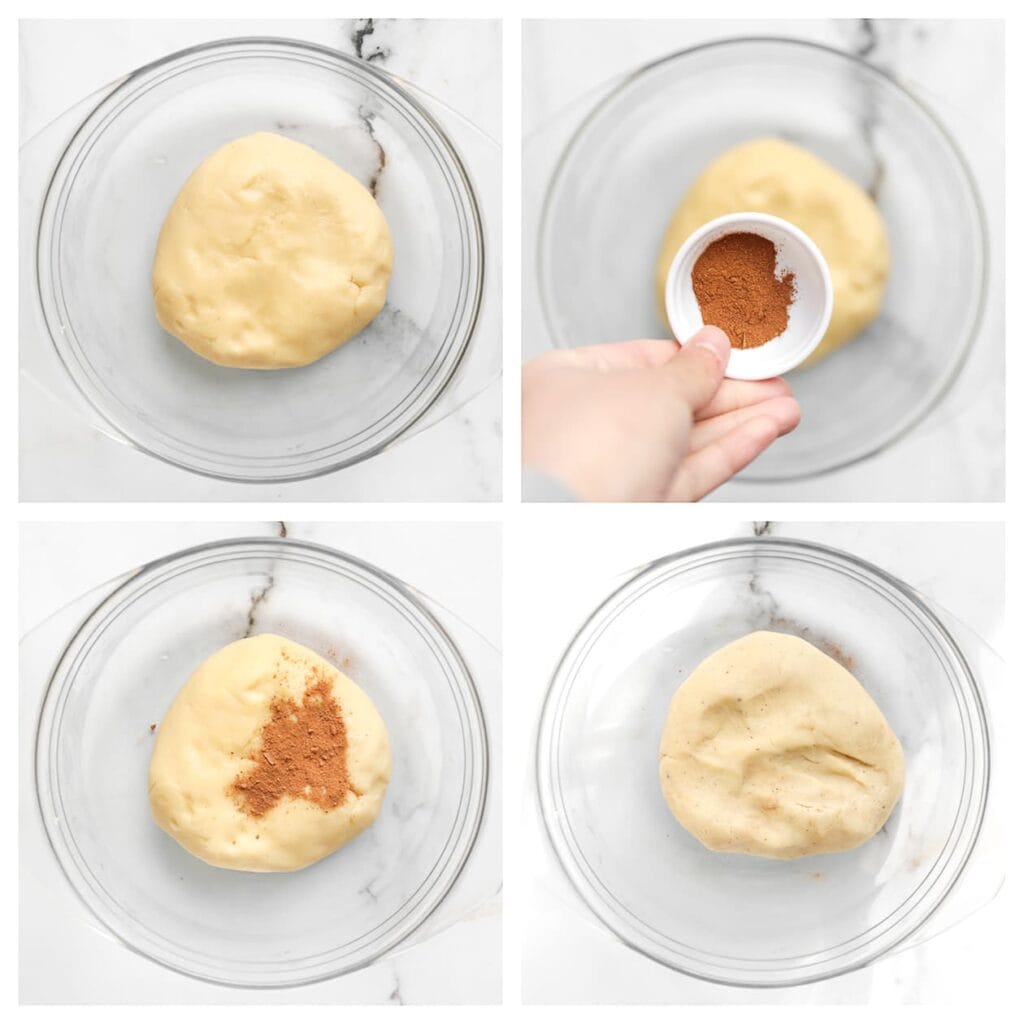 Neem een stuk van het koekjesdeeg en doe dit in een diepe kom. Voeg de kaneelpoeder toe en kneed goed tot een geheel.