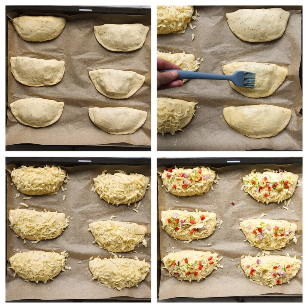 Leg het deeg op een met bakpapier beklede bakplaat. Bestrijk met een geklutst ei en bestrooi met geraspte kaas, rode paprikablokjes, olijven, rode ui en bieslook. Laat 30 minuten rijzen.