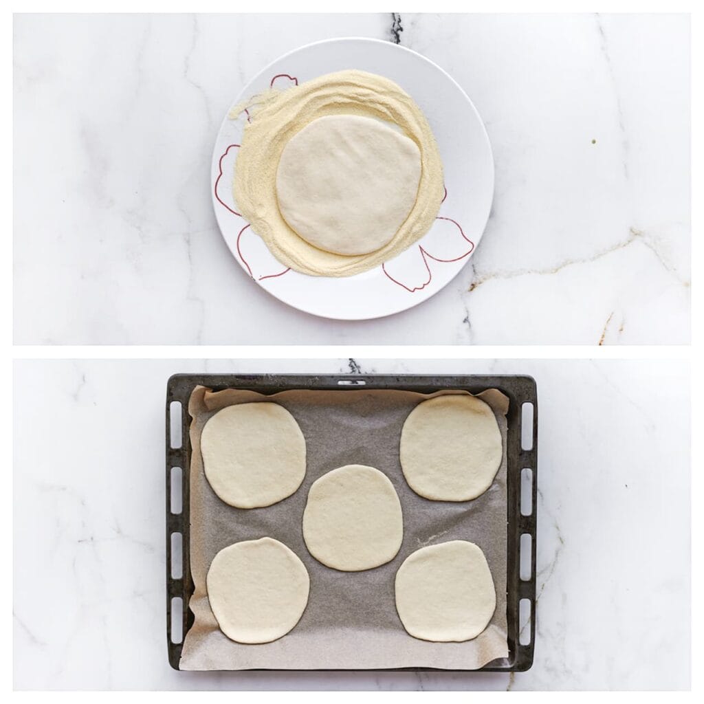 Doe wat fijne griesmeel op een bord en haal het uitgerolde deeg erdoor. Leg het op een bakplaat met bakpapier.