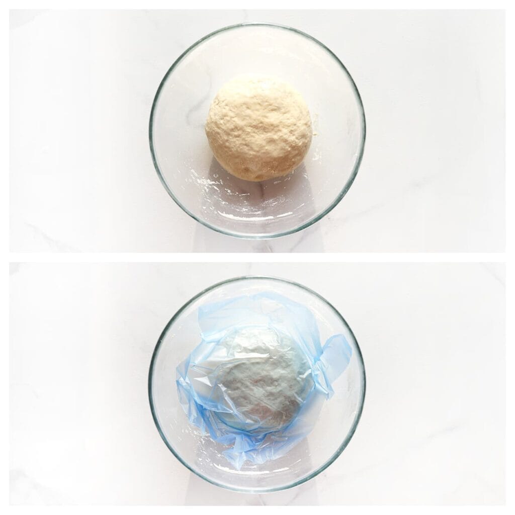 Voeg de zonnebloemolie toe en kneed nog 1 minuut. Dek het deeg af en laat 10 minuten rusten.