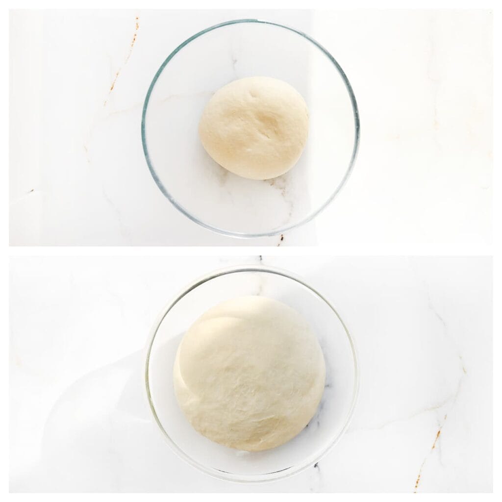 Dek de kom af en laat het deeg 1 uur rijzen op een warme plek, of totdat het in omvang is verdubbeld.