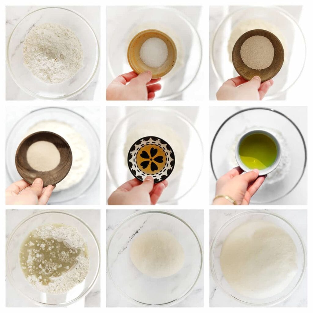 Doe de bloem, gist, het zout, uienpoeder, de honing, olijfolie en het lauwwarme water in een kom. Kneed 10-12 minuten tot een samenhangend deeg. Dek af en laat het deeg 1 uur rijzen op een warme plek, of tot het in omvang is verdubbeld.