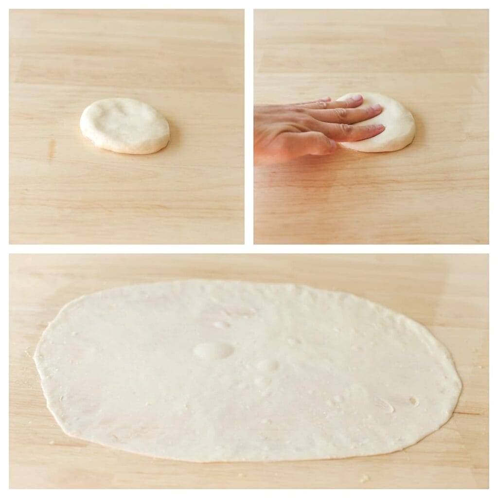 Vet je werkplek opnieuw in met olie en leg het deeg erop. Spreid het met je vingertoppen, vanuit het midden naar buiten, tot een flinterdunne lap van ongeveer 38 x 33 cm. Vet je handen regelmatig in om scheuren te voorkomen.