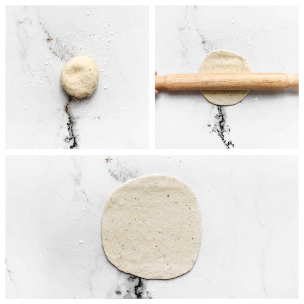 Rol een bol uit op een met bloem bestoven werkblad tot een cirkel met een diameter van 15 cm.